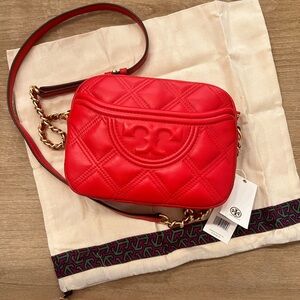 ❤️ NWT Tory Burch Fleming Soft Quilted Leather Camera Bag RED 100% AUTHENTIC